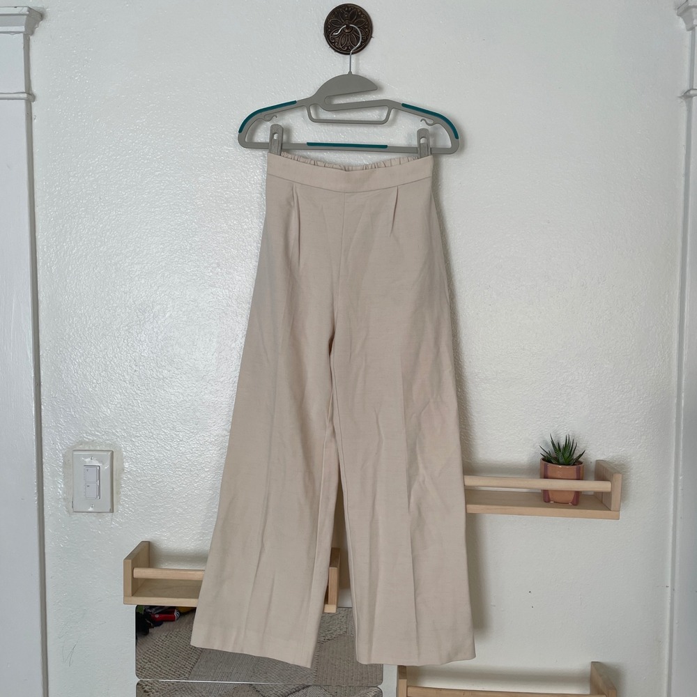 OPAQUE.CLIP Cream Beige Wide Leg Pleated Trousers High Waist Pants Size 36 S